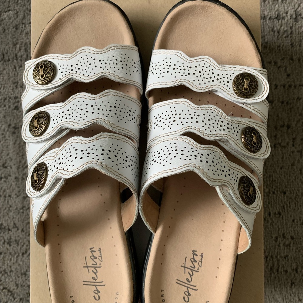 Clarks Leisa Grace White Leather Multi-Strap Comfort Sandals Sz9